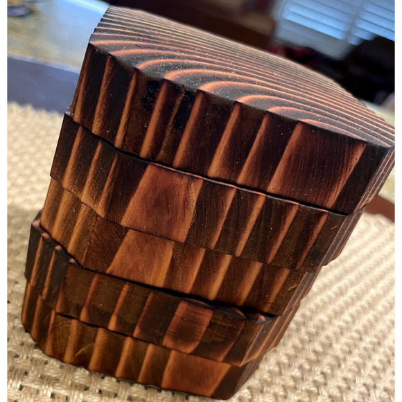 Handmade Wooden Coasters Wood Burn Dark & Light Brown Set of 5 Rustic Farmhouse - Picture 10 of 10